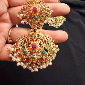 Pakistani Elegant Gold and multi statement jarao earrings and Tika